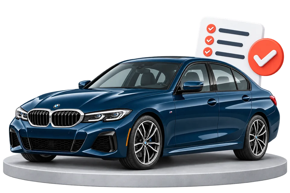 BMW azul sobre una plataforma junto a una lista de comprobaciones